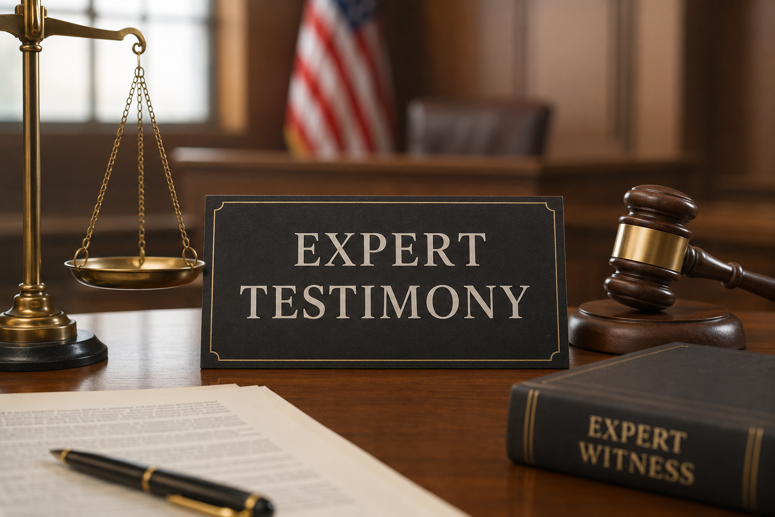 Expert testimony sign in a courtroom with scales of justice and gavel